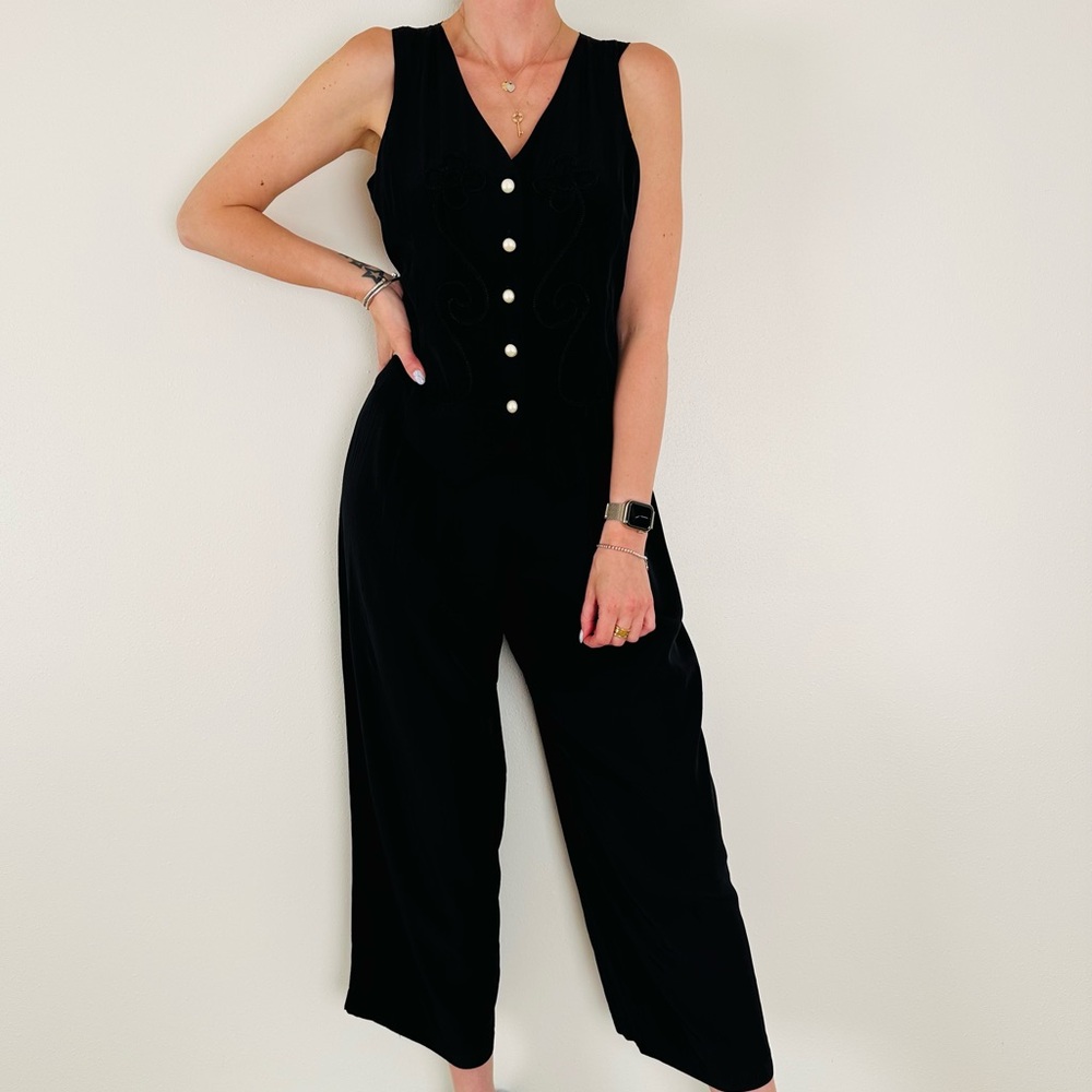 Vintage City Triangles embroidered vest accent buttons black stylish jumpsuit